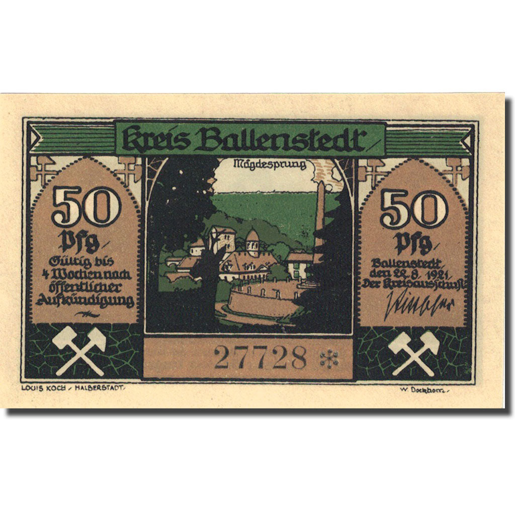 Banknote, Germany, Ballenstedt, 50 Pfennig, personnage 1921 UNC(63) Mehl 60.1a