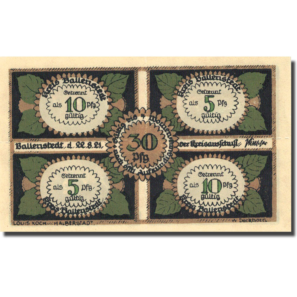 Banknote, Germany, Ballenstedt, 30 Pfennig, personnage 1921 UNC(63) Mehl 60.1a