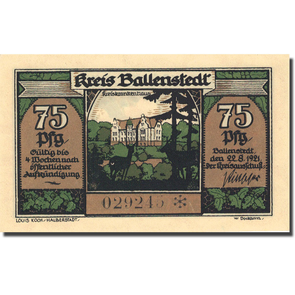 Banknote, Germany, Ballenstedt, 75 Pfennig, personnage, 1921 UNC(63) Mehl 60.1a