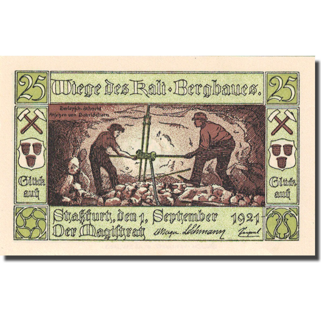 Geldschein, Deutschland, Stassfurt 25 Pfennig, mineurs 2, 1921, SPL Mehl 1256.1a