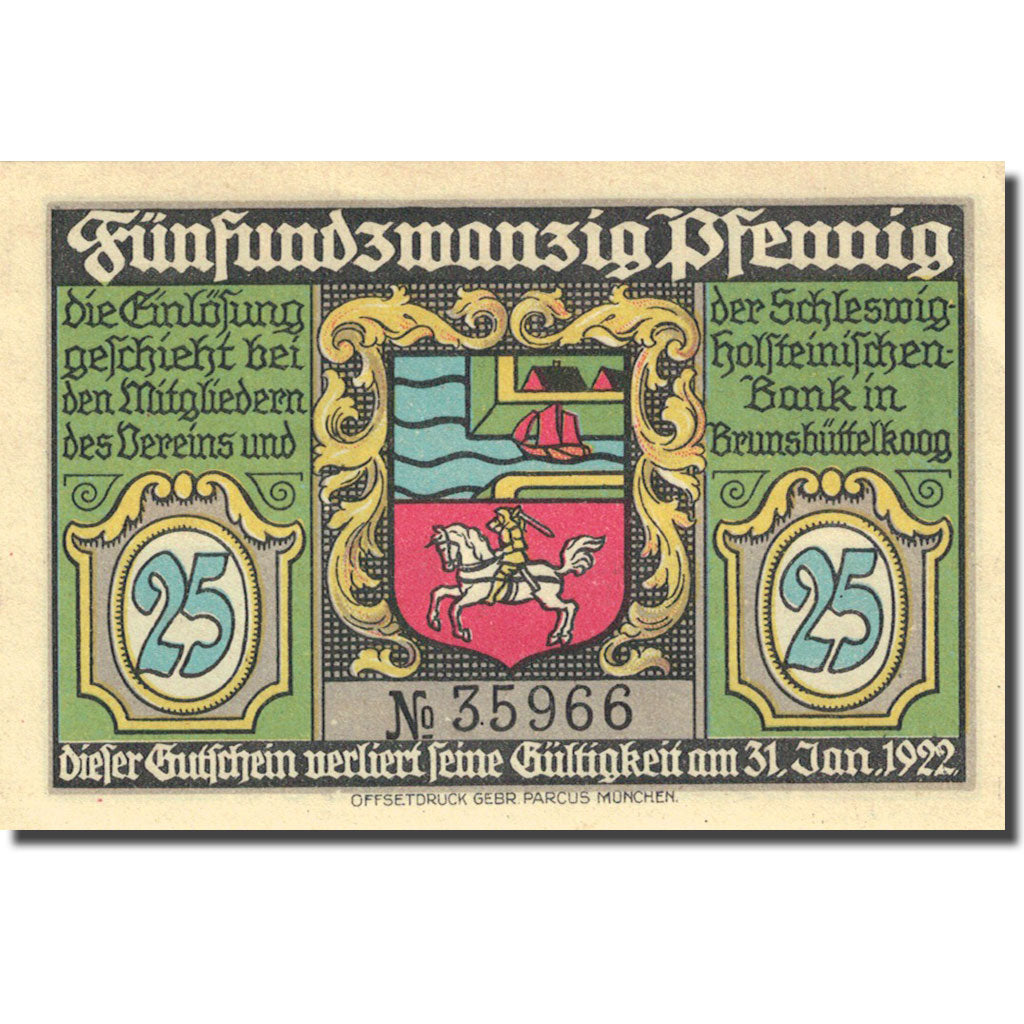 Banknote, Germany, Brunsbüttelkoog, 25 Pfennig, Phare, 1922 UNC(63) Mehl 194.1