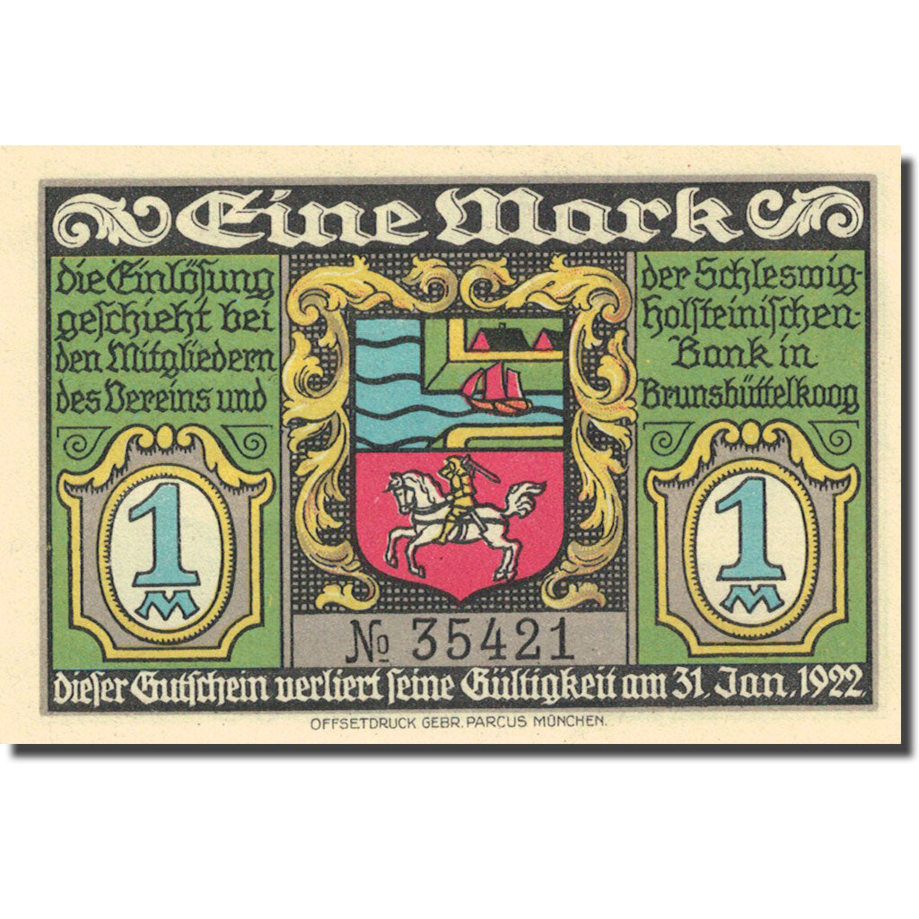 Banknote, Germany, Brunsbüttelkoog, 1 Mark, ecluse, 1922 UNC(63) Mehl 194.1