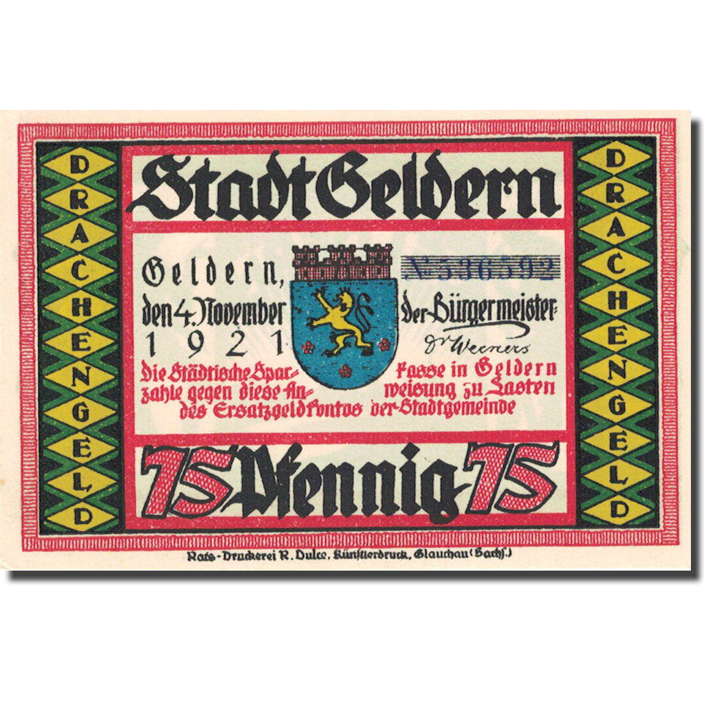 Banknote, Germany, Geldern, 75 Pfennig, personnage 1921-11-04 UNC(63) Mehl 416.1