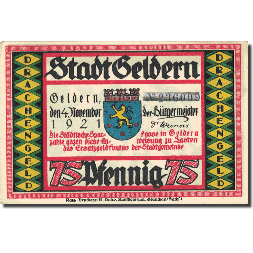 Banconote, Germania, Geldern, 75 Pfennig, personnage 2, 1921 SPL- Mehl 416.1