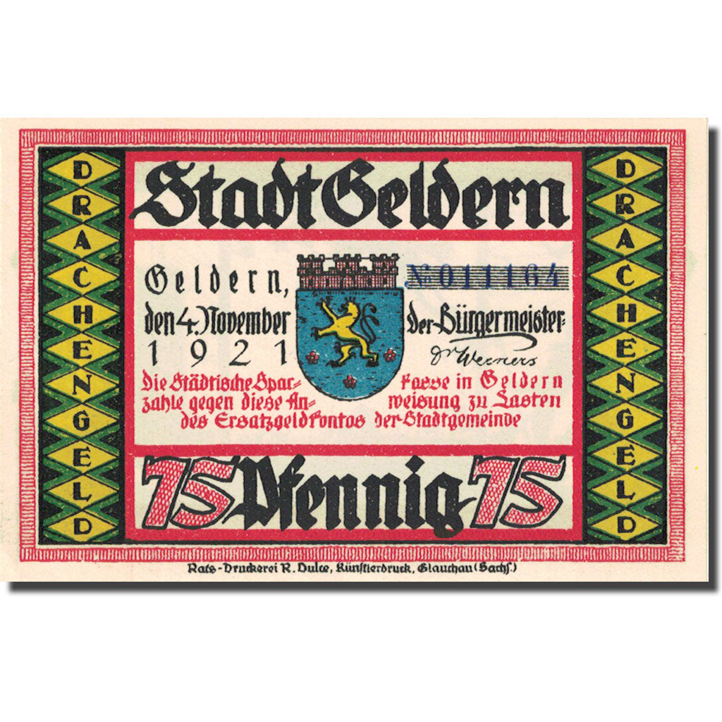 Banknote, Germany, Geldern, 75 Pfennig, personnage 6, 1921 UNC(63) Mehl 416.1