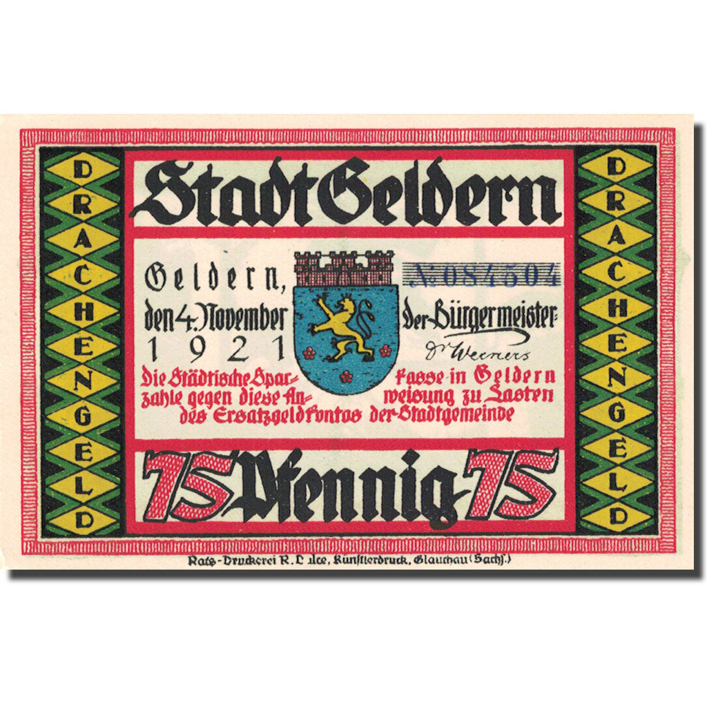 Banknote, Germany, Geldern, 75 Pfennig, personnage 7, 1921 UNC(63) Mehl 416.1