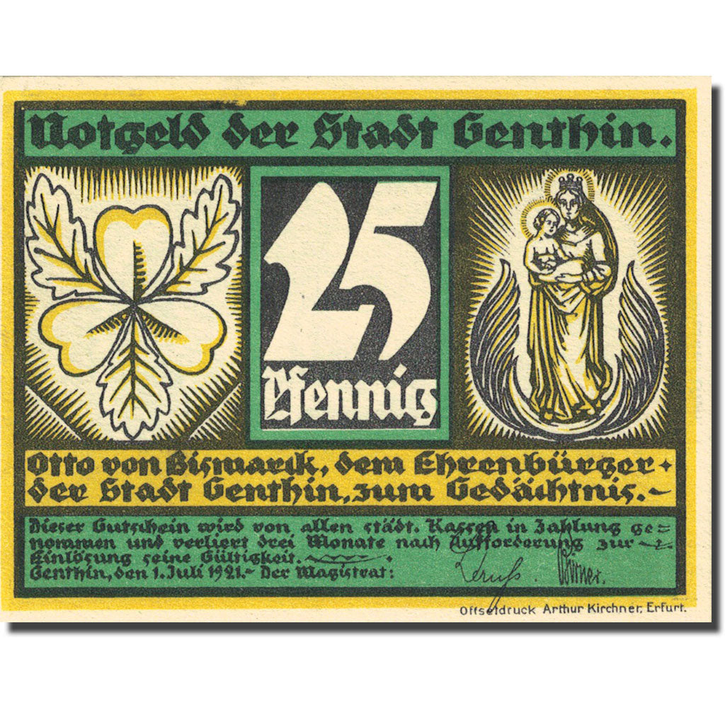 Banknote, Germany, Genthin, 25 Pfennig, personnage, 1921 UNC(63) Mehl 419.2