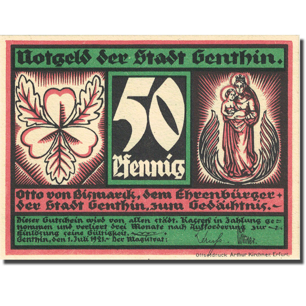 Banknote, Germany, Genthin, 50 Pfennig, personnage 1921, UNC(63) Mehl 419.2