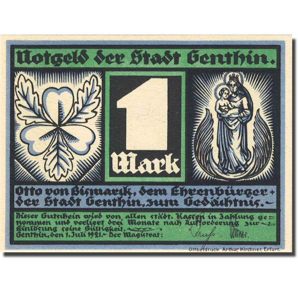 Banknote, Germany, Genthin, 1 Mark, personnage, 1921 UNC(63) Mehl 419.2