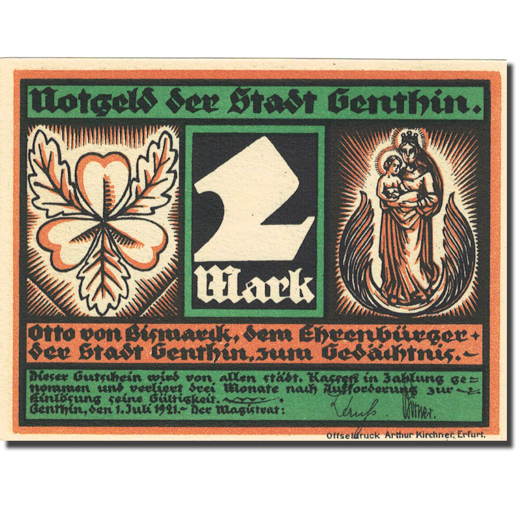 Banknote, Germany, Genthin, 2 Mark, personnage, 1921 UNC(63) Mehl 419.2