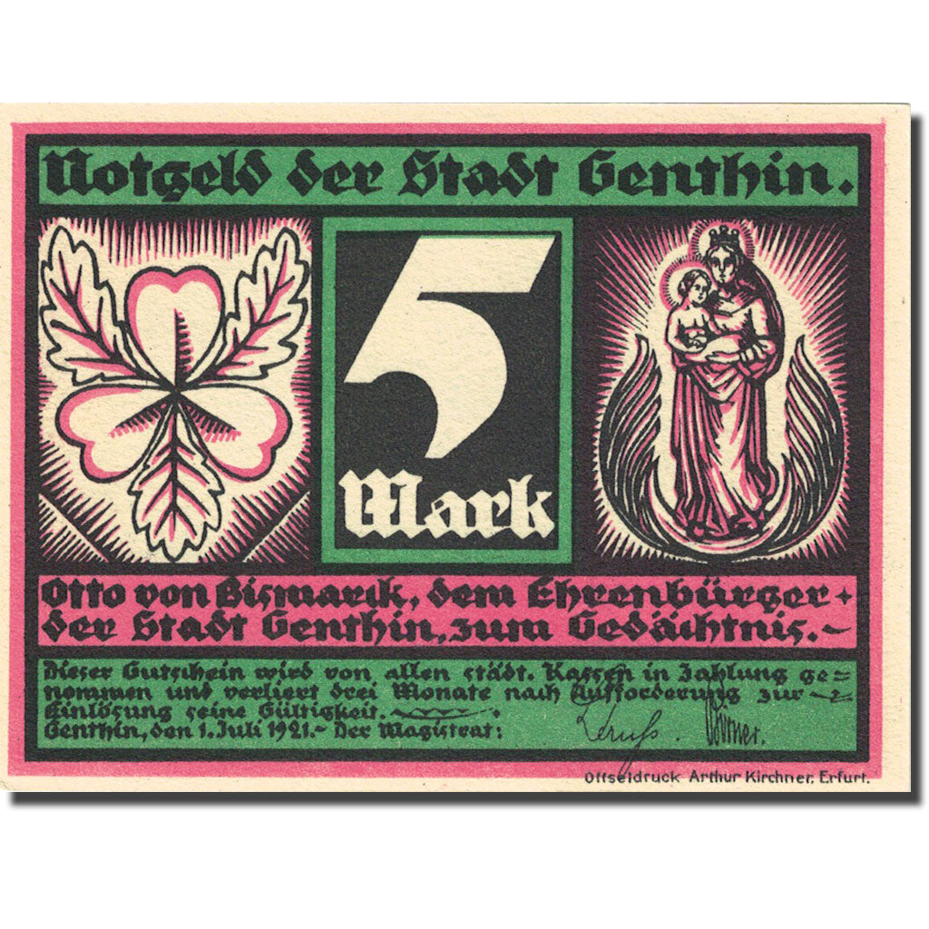 Banknote, Germany, Genthin, 5 Mark, personnage, 1921 UNC(63) Mehl 419.2