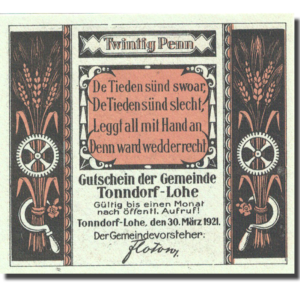 Banknote, Germany, Tonndorf - Lohe, 20 Pfennig, personnage 1921 Mehl 1330.1a