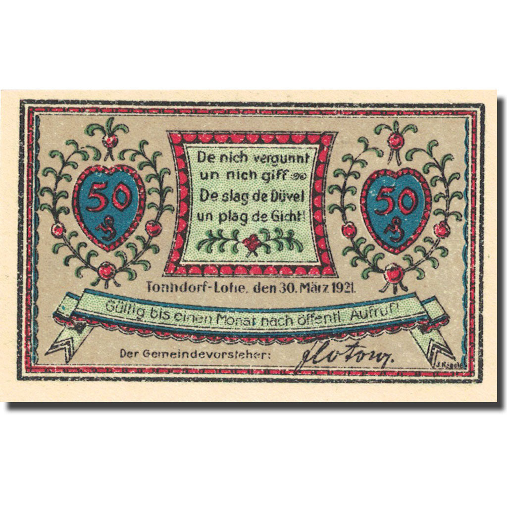 Banknote, Germany, Tonndorf - Lohe, 50 Pfennig, moulin, 1921 Mehl 1330.1a