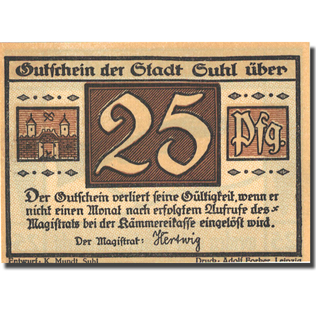 Banconote, Germania, Suhl, 25 Pfennig, fusil, 1922, SPL, Mehl:1303.1