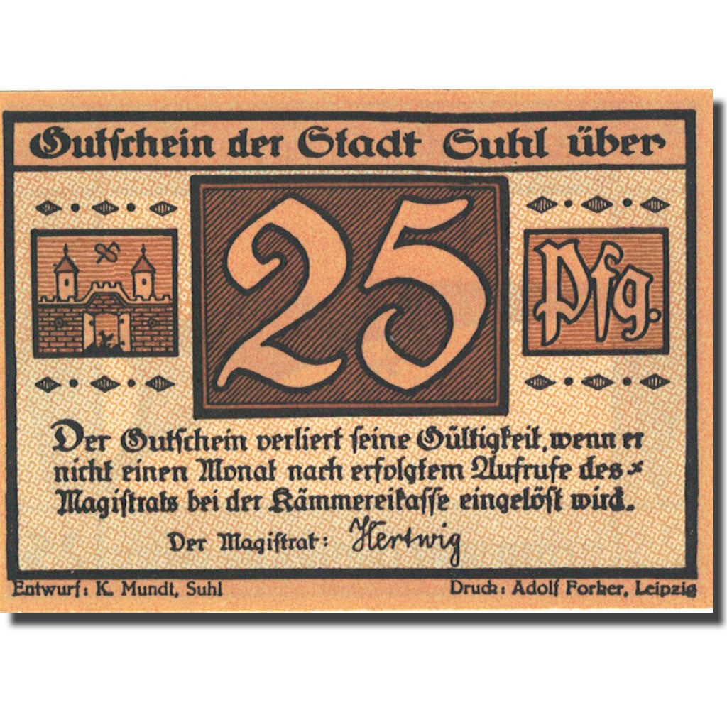 Geldschein, Deutschland, Suhl, 25 Pfennig, fusil 1, 1922, UNZ-, Mehl:1303.1