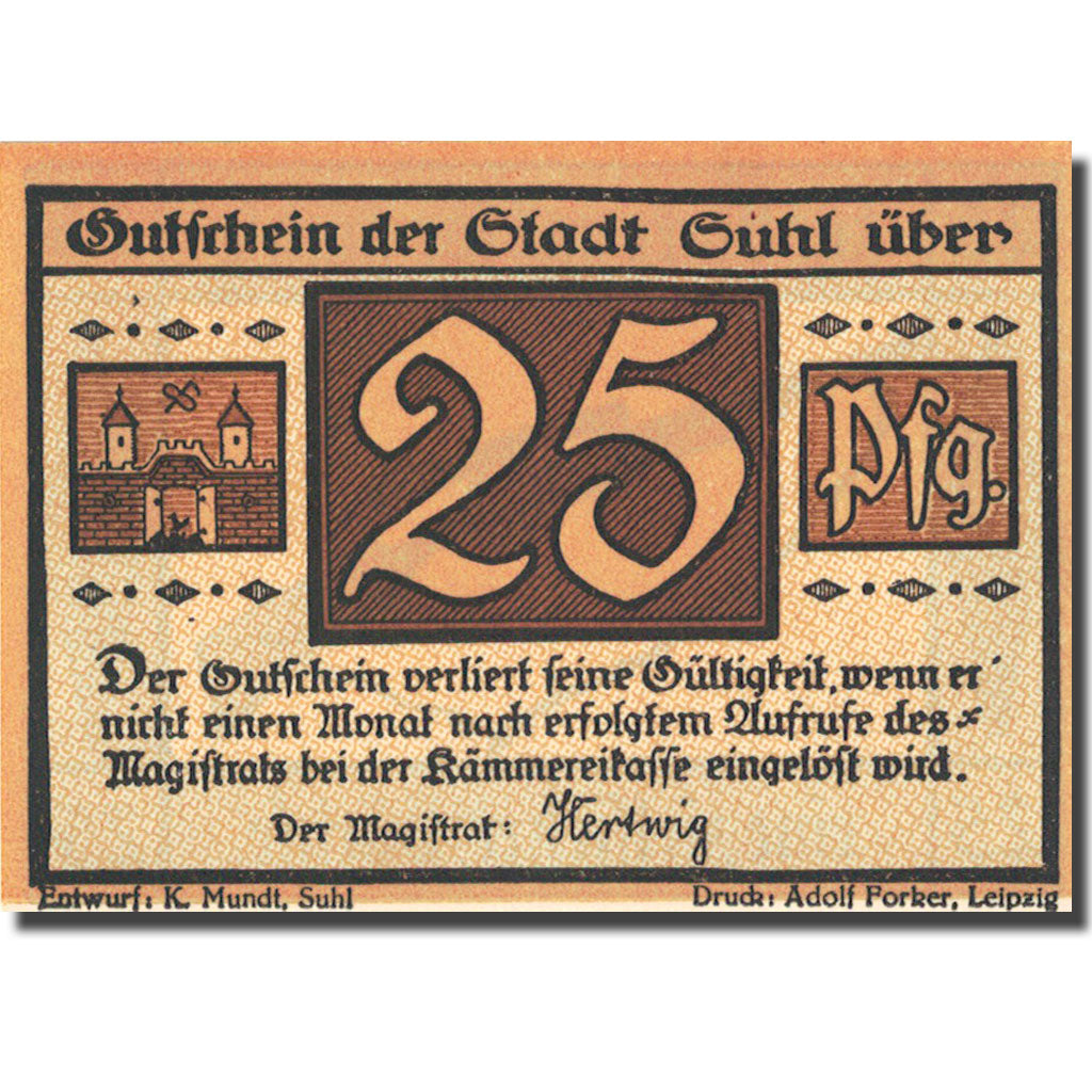 Banknote, Germany, Suhl, 25 Pfennig, fusil 3, 1922, UNC(63), Mehl:1303.1