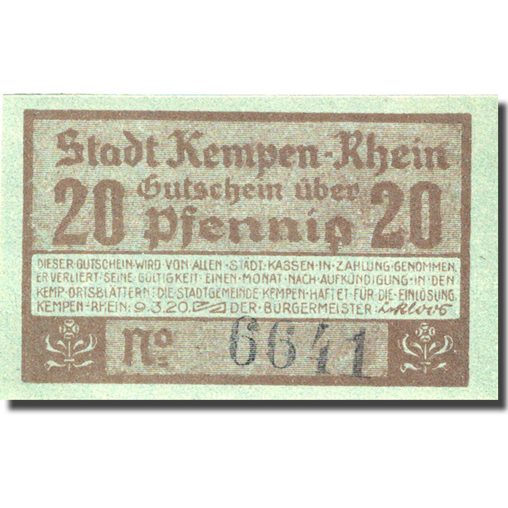 Banknote, Germany, Kempen, 20 Pfennig, château, 1920, UNC(63) Mehl 689.2a