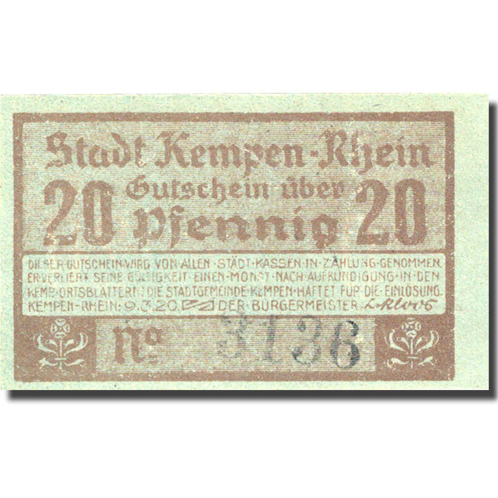 Banknote, Germany, Kempen, 20 Pfennig, personnage, 1920 UNC(63) Mehl 689.2a