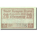 Banknote, Germany, Kempen, 20 Pfennig, personnage, 1920 UNC(63) Mehl 689.2a
