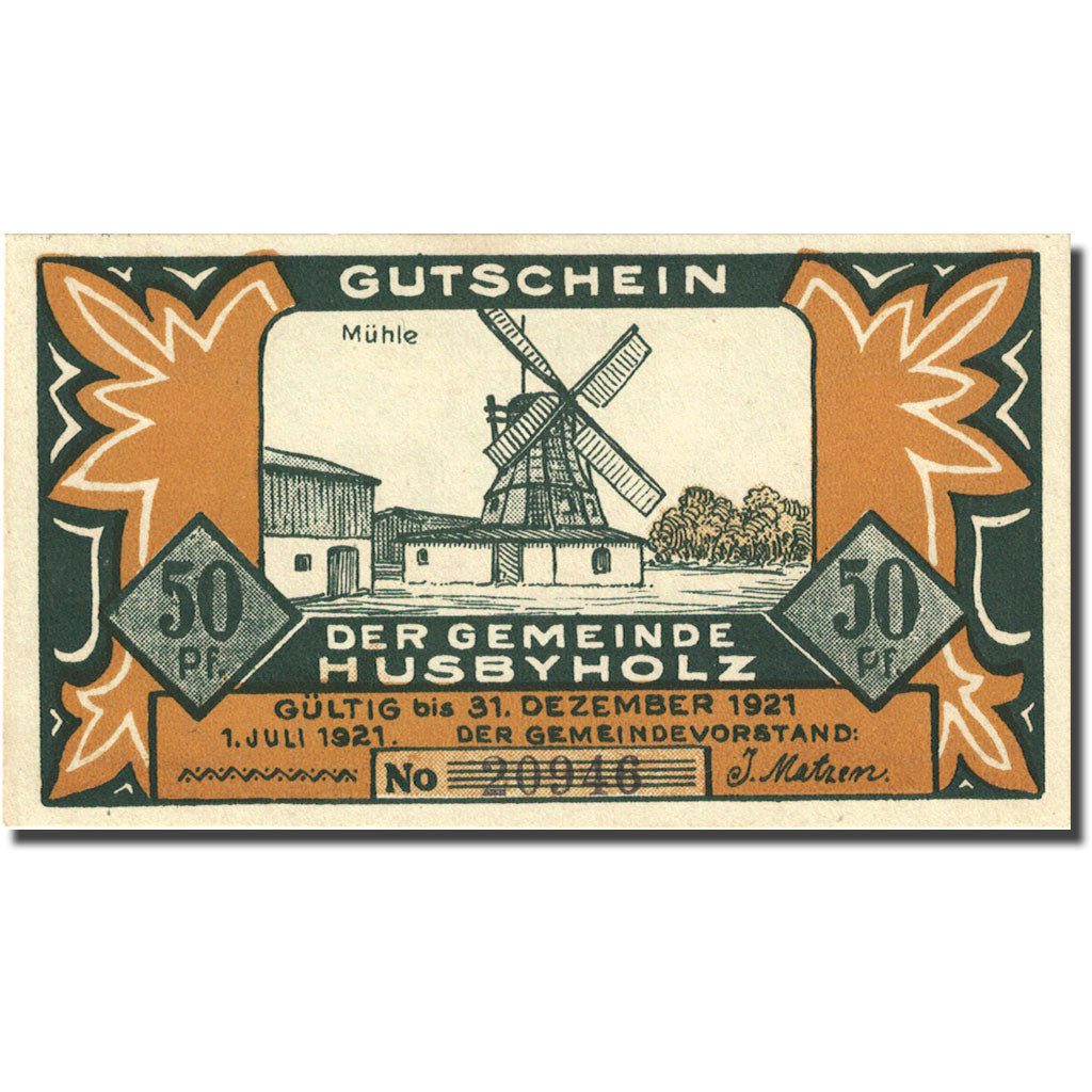 Billet, Allemagne, Husbyholz, 50 Pfennig moulin 1921, 1921-12-31, SPL Mehl 638.1