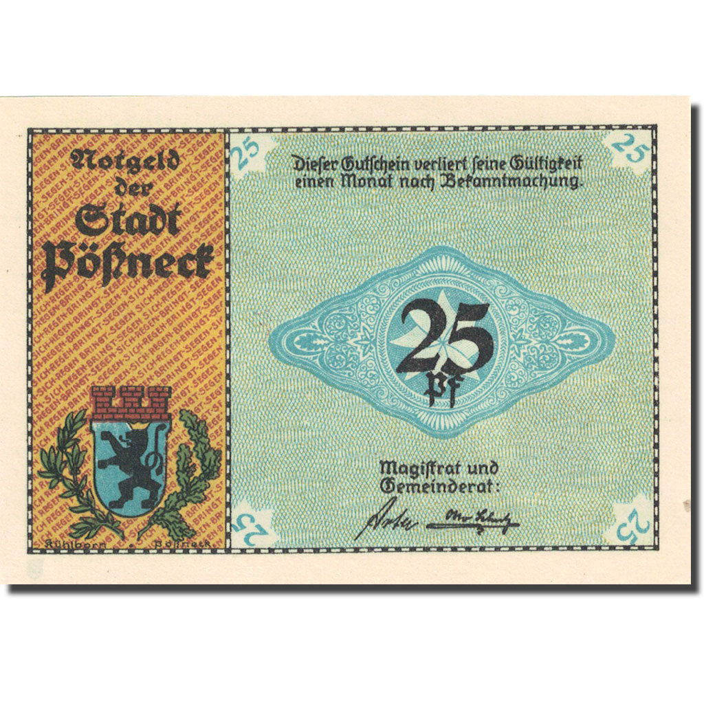 Banknote, Germany, Possneck, 25 Pfennig, tannerie, 1921, UNC(63), Mehl:1066.6