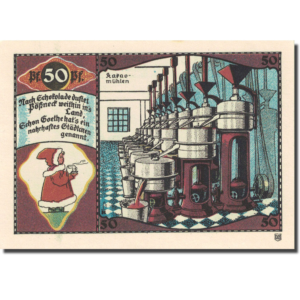 Banconote, Germania, Possneck, 50 Pfennig, usine de cacao, 1921, SPL Mehl 1066.6