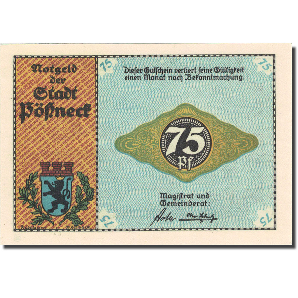 Banknote, Germany, Possneck, 75 Pfennig, Usine, 1921, UNC(63), Mehl:1066.6