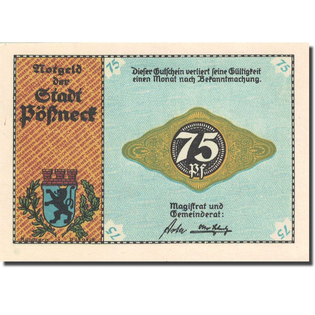 Banknote, Germany, Possneck, 75 Pfennig, machine à tisser 1 UNC(63) Mehl 1066.6