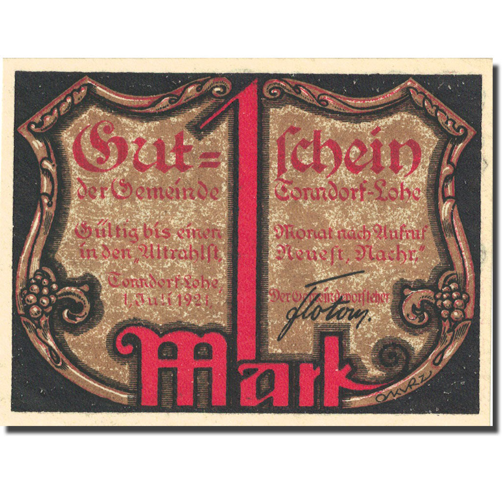 Banknote, Germany, Tonndorf, 1 Mark, personnage, 1921, UNC(63) Mehl 1330.4