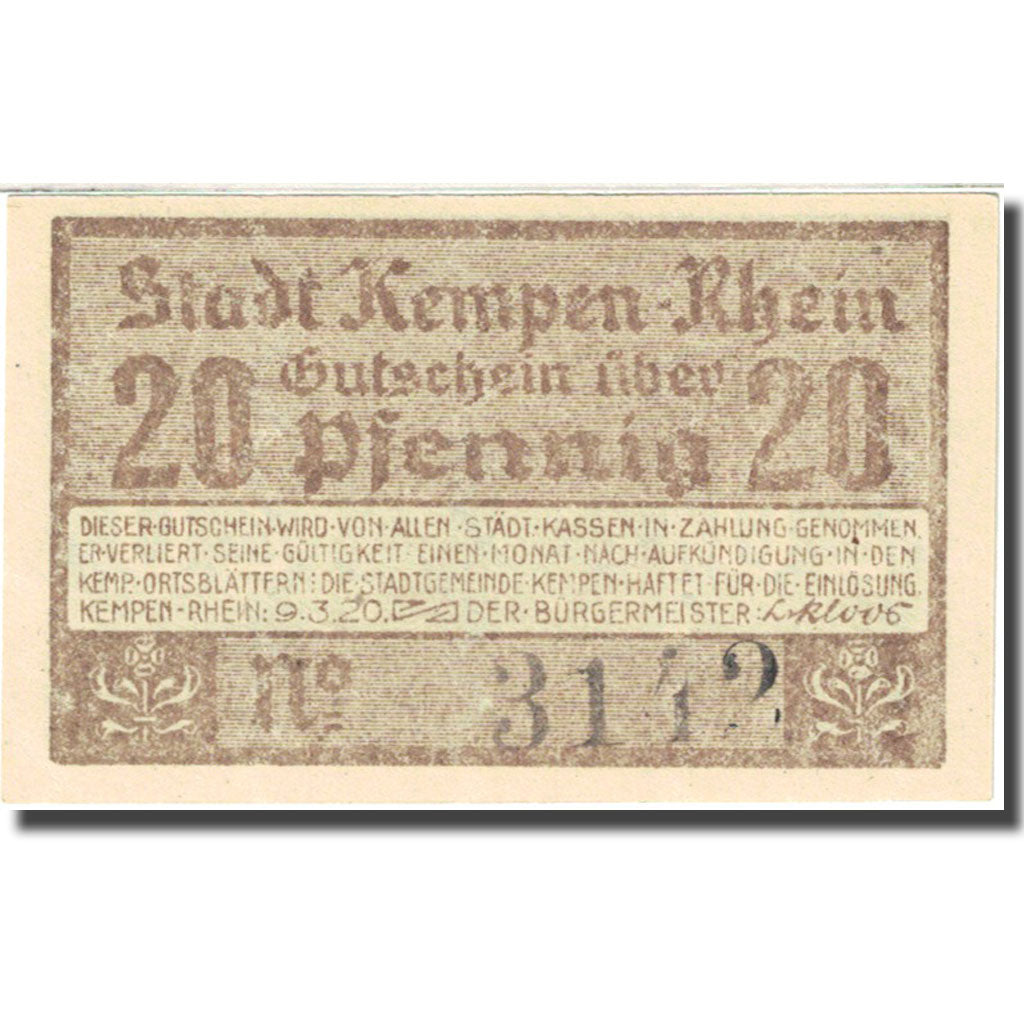 Banconote, Germania, Kempen, 20 Pfennig, château, 1920 white SPL Mehl 689.1