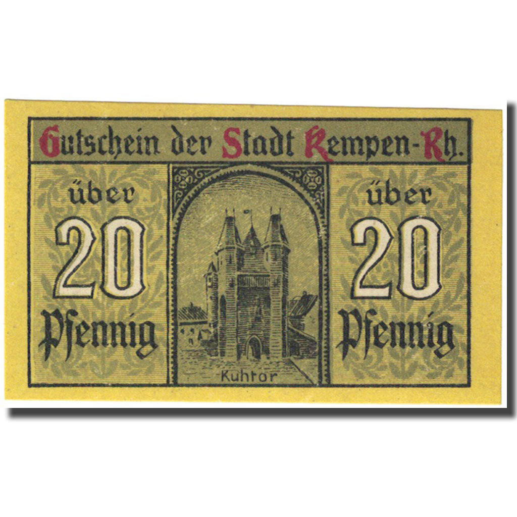 Banknote, Germany, Kempen, 20 Pfennig, château 4, 1920 yellow UNC(63) Mehl 689.1