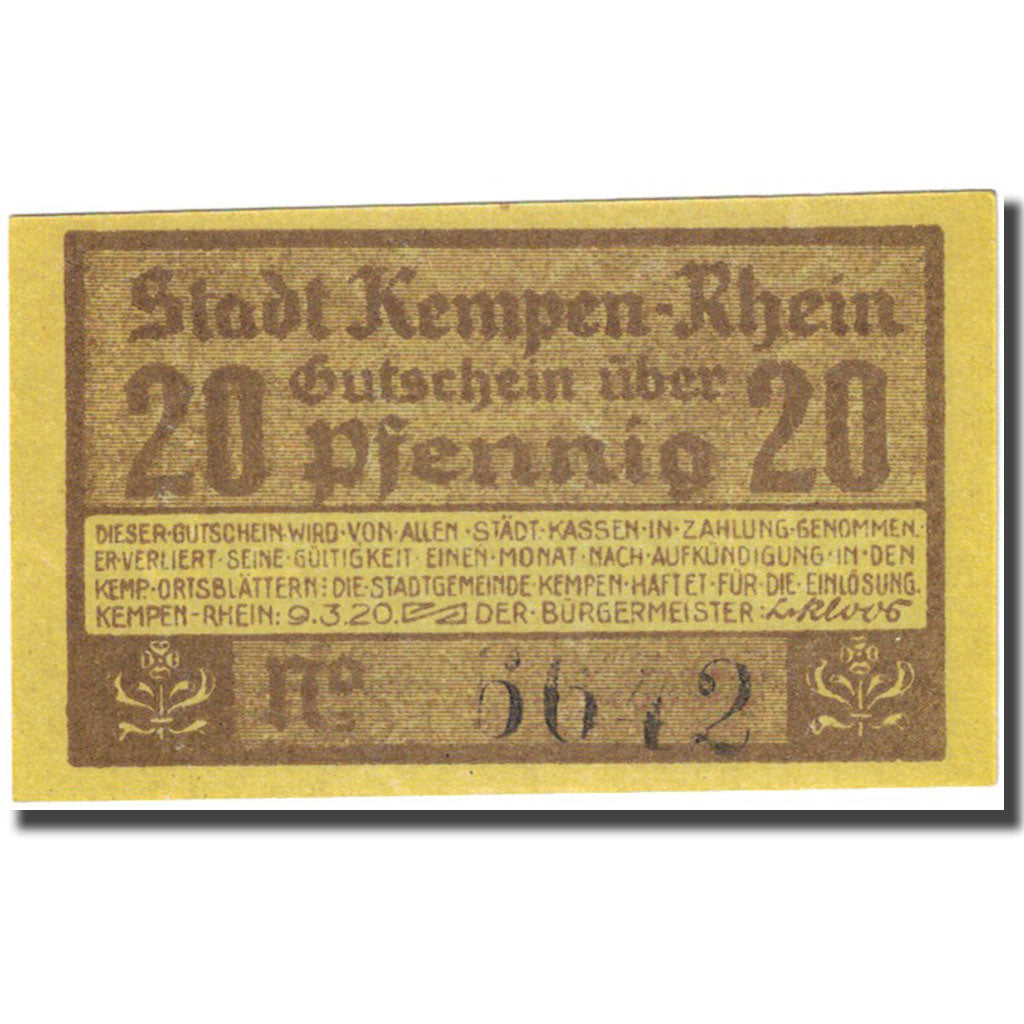 Banknote, Germany, Kempen, 20 Pfennig, château 4, 1920 yellow UNC(63) Mehl 689.1