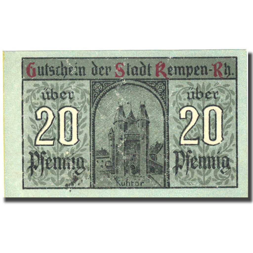 Banknote, Germany, Kempen, 20 Pfennig, château 5, 1920 blue UNC(63) Mehl 689.1