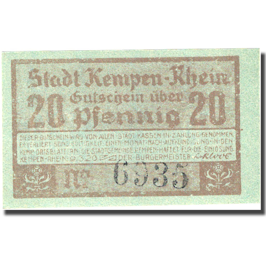 Banknote, Germany, Kempen, 20 Pfennig, château 5, 1920 blue UNC(63) Mehl 689.1