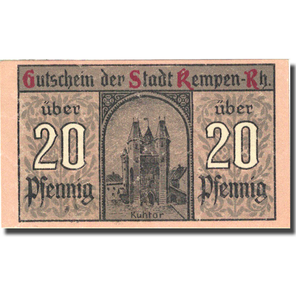 Banknote, Germany, Kempen, 20 Pfennig, château 6, 1920 pink UNC(63) Mehl 689.1