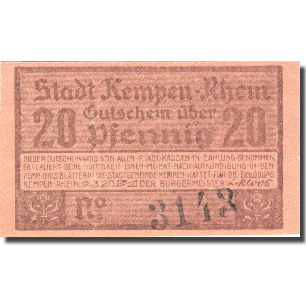 Banknote, Germany, Kempen, 20 Pfennig, château 6, 1920 pink UNC(63) Mehl 689.1