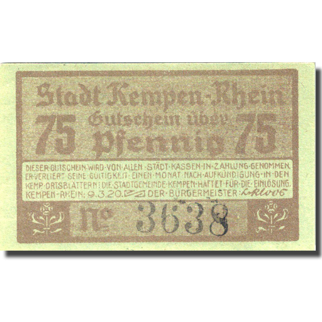 Banknote, Germany, Kempen, 75 Pfennig, personnage 1920 green UNC(63) Mehl 689.1