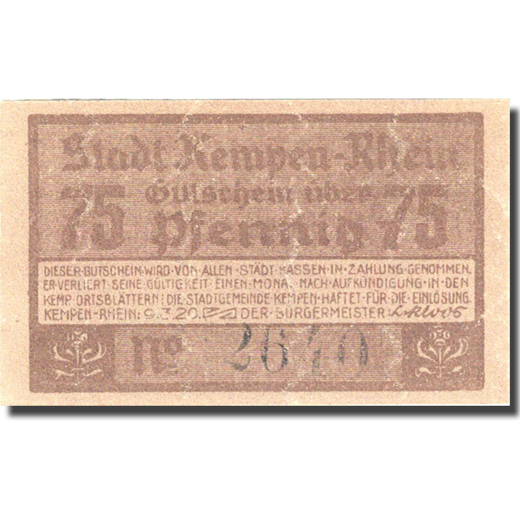 Biljet, Duitsland, Kempen, 75 Pfennig, personnage 1, 1920 purple SPL Mehl 689.1