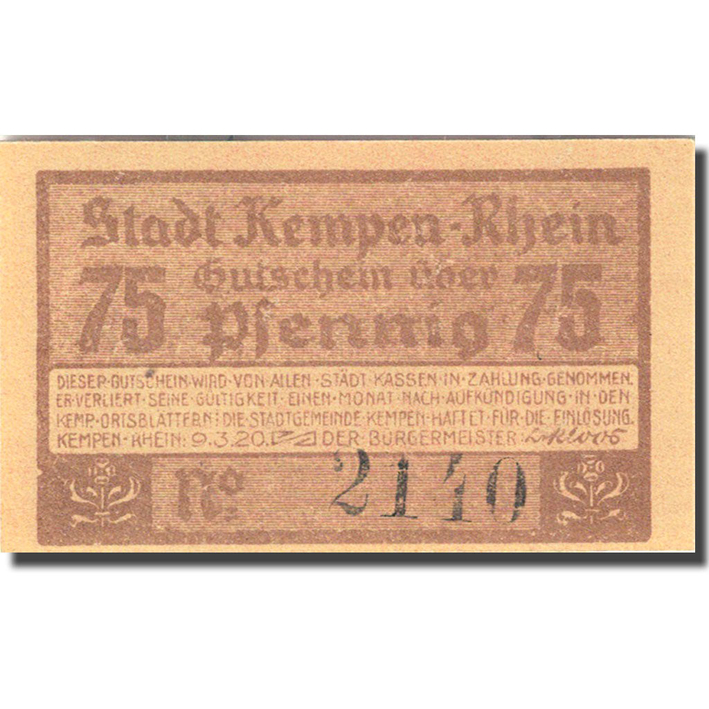 Billet, Allemagne, Kempen, 75 Pfennig, personnage 2, 1920 orange SPL Mehl 689.1