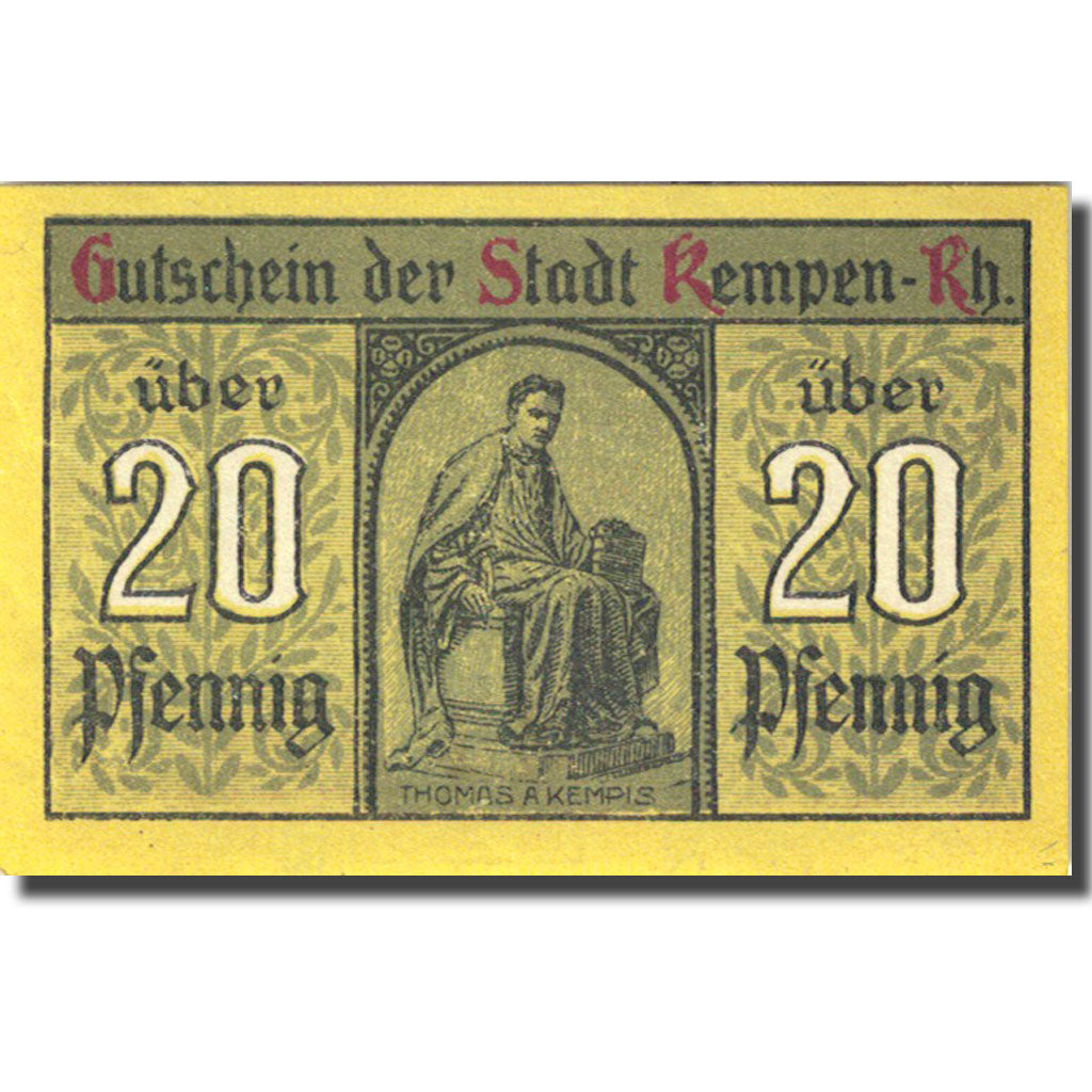 Banknote, Germany, Kempen, 20 Pfennig, personnage 1920 yellow UNC(63) Mehl 689.1