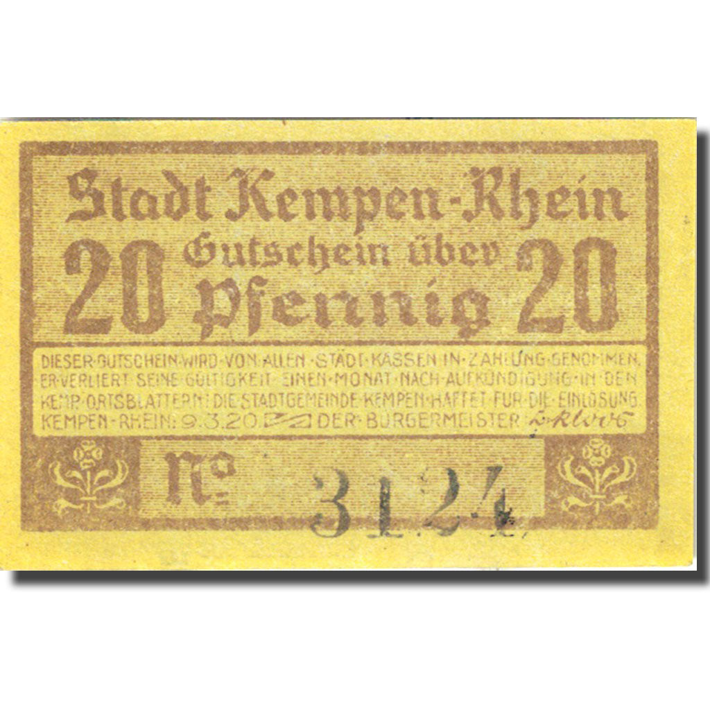 Banknote, Germany, Kempen, 20 Pfennig, personnage 1920 yellow UNC(63) Mehl 689.1