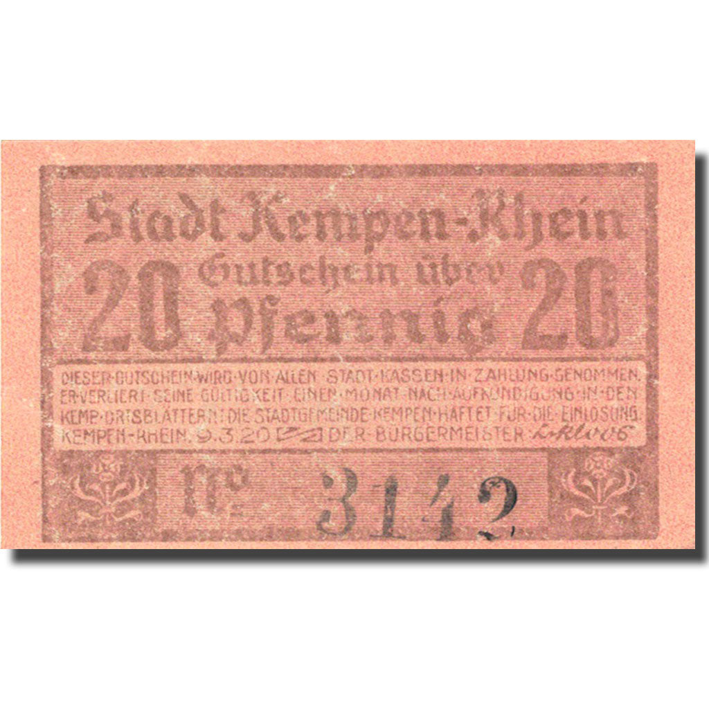 Banknote, Germany, Kempen, 20 Pfennig personnage 1, 1920 pink UNC(63) Mehl 689.1