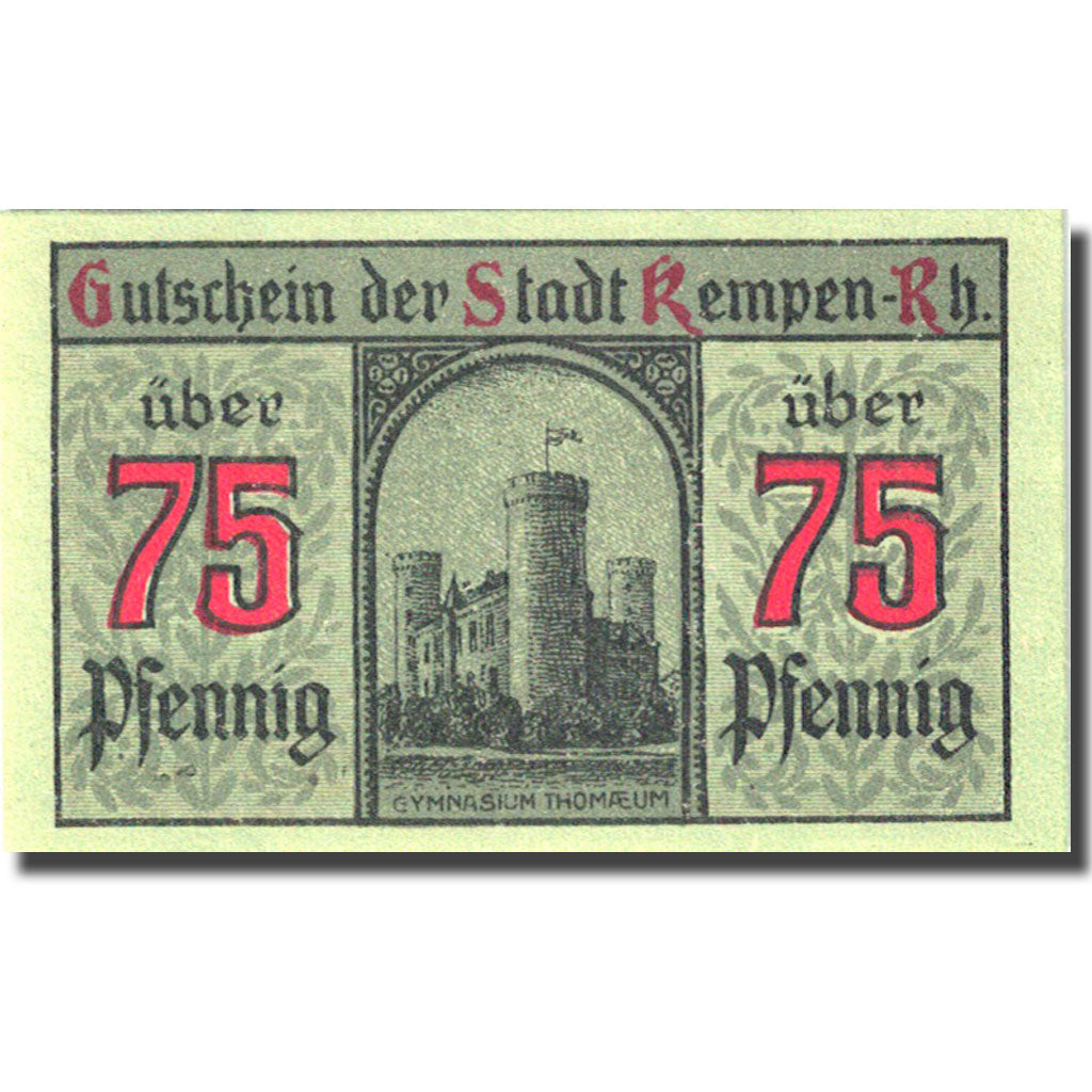 Banknote, Germany, Kempen, 75 Pfennig, château, 1920 green UNC(63) Mehl 689.1