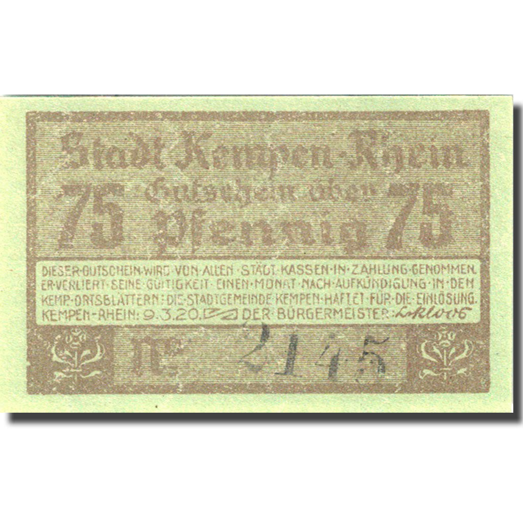 Banknote, Germany, Kempen, 75 Pfennig, château, 1920 green UNC(63) Mehl 689.1