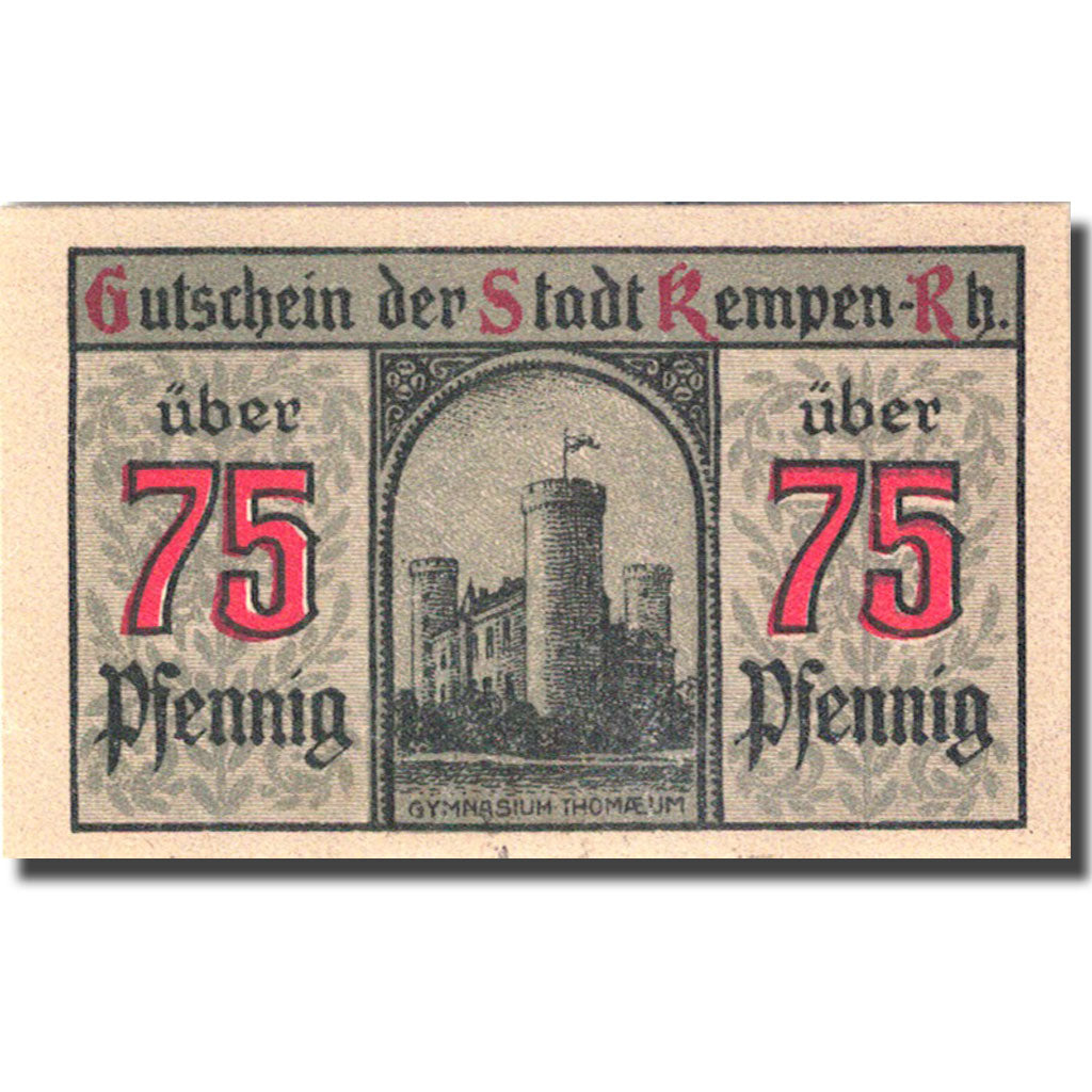 Banknote, Germany, Kempen, 75 Pfennig, château 1, 1920 purple UNC(63) Mehl 689.1