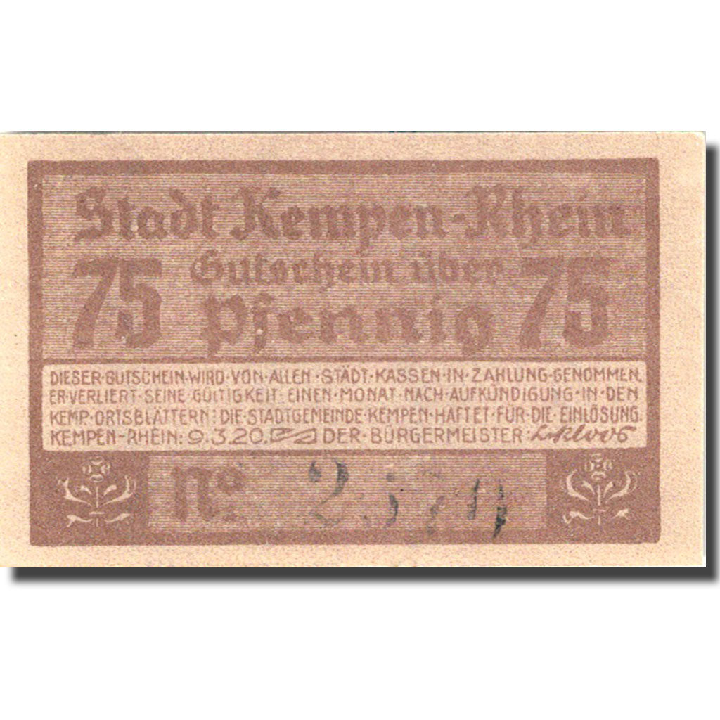 Banknote, Germany, Kempen, 75 Pfennig, château 1, 1920 purple UNC(63) Mehl 689.1