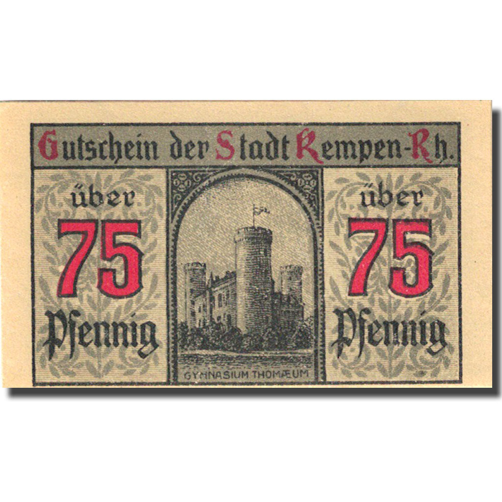 Banknote, Germany, Kempen, 75 Pfennig, château 2, 1920 orange UNC(63) Mehl 689.1