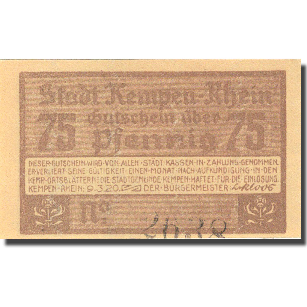 Banknote, Germany, Kempen, 75 Pfennig, château 2, 1920 orange UNC(63) Mehl 689.1