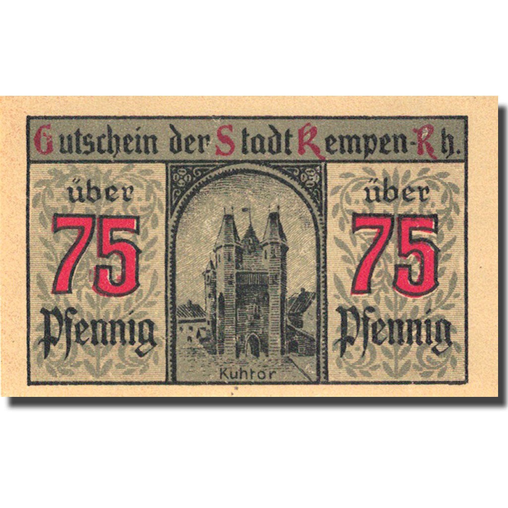 Banknote, Germany, Kempen, 75 Pfennig, château 4, 1920 orange UNC(63) Mehl 689.1