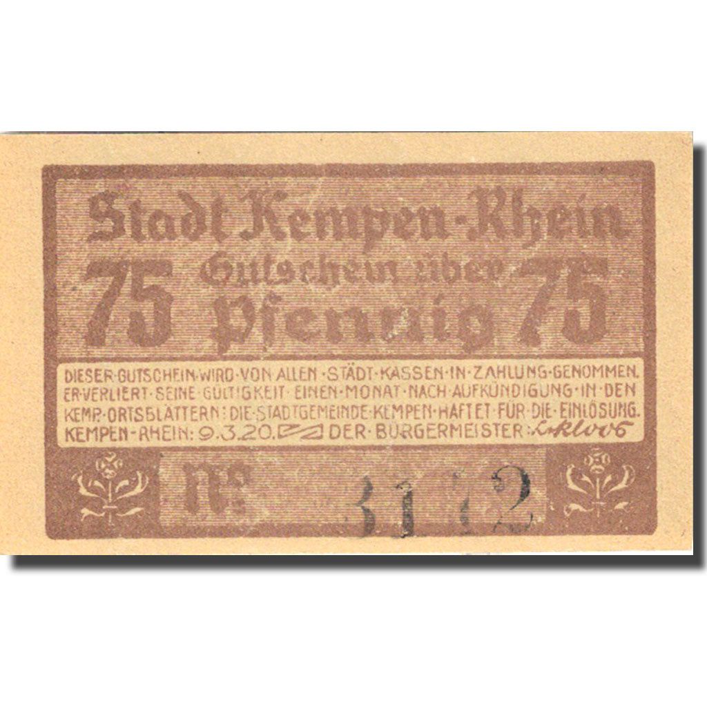 Banknote, Germany, Kempen, 75 Pfennig, château 4, 1920 orange UNC(63) Mehl 689.1